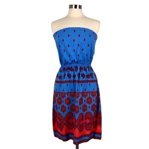 Old Navy Blue & Red Paisley Strapless Dress